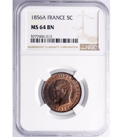 France 5 Centimes 1856 A, Paris, Napoleon III - NGC MS 64 BN