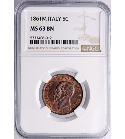 Włochy 5 Centesimi 1861 M, Mediolan, Vittorio Emanuele II - NGC MS 63 BN