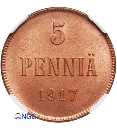 Finlandia (okupacja rosyjska) 5 Pennia 1917, Mikołaj II - NGC MS 64 RB