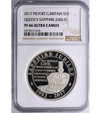 Great Britain 5 Pounds 2017, Queens Sapphire Jubilee - PIEFORT - NGC PF 66 Ultra Cameo