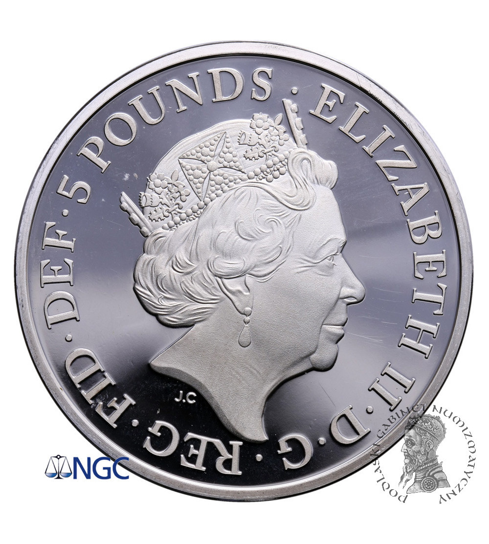Wielka Brytania 5 funtów 2017, Szafirowy Jubileusz Rządów Elżbiety 1952-2017 - PIEFORT NGC PF 66 Ultra Cameo