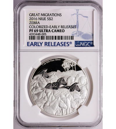 Niue 2 dolary 2016, wielkie migracje - zebra (1 Oz Ag 9999) - NGC PF 69 Ultra Cameo