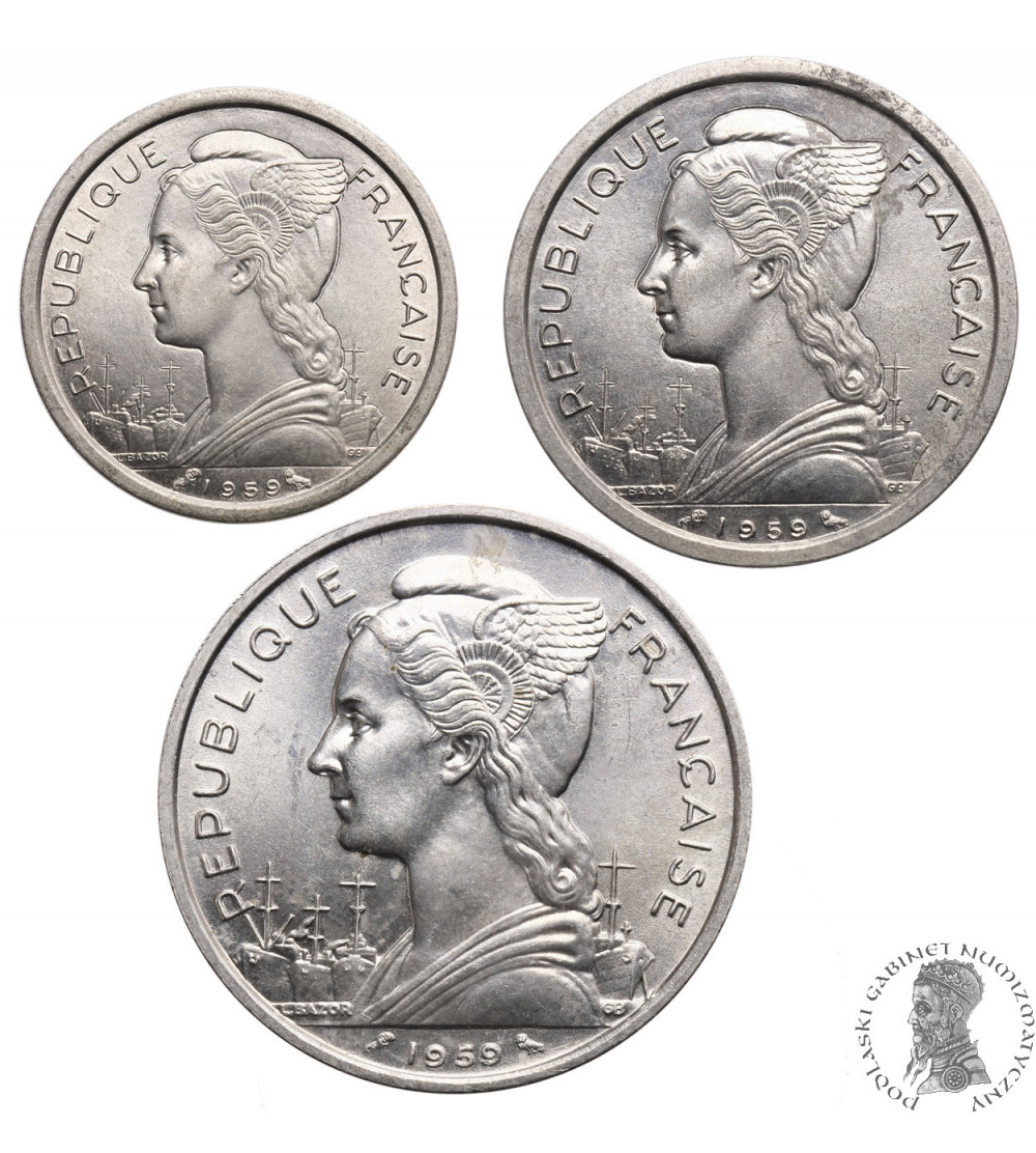 Francuska Somalia 1, 2, 5 franków 1959, zestaw 3 sztuki