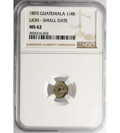 Gwatemala, 1/4 Real 1893, lew, mała data - NGC MS 62