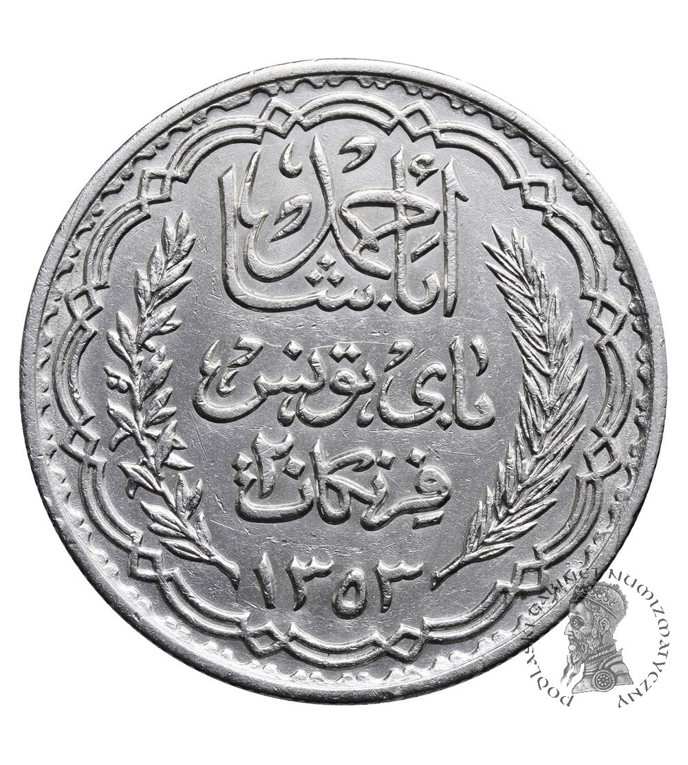 Tunezja, 20 Franków AH 1353 / 1934 AD, francuski protektorat (Ahmad Pasha Bey)