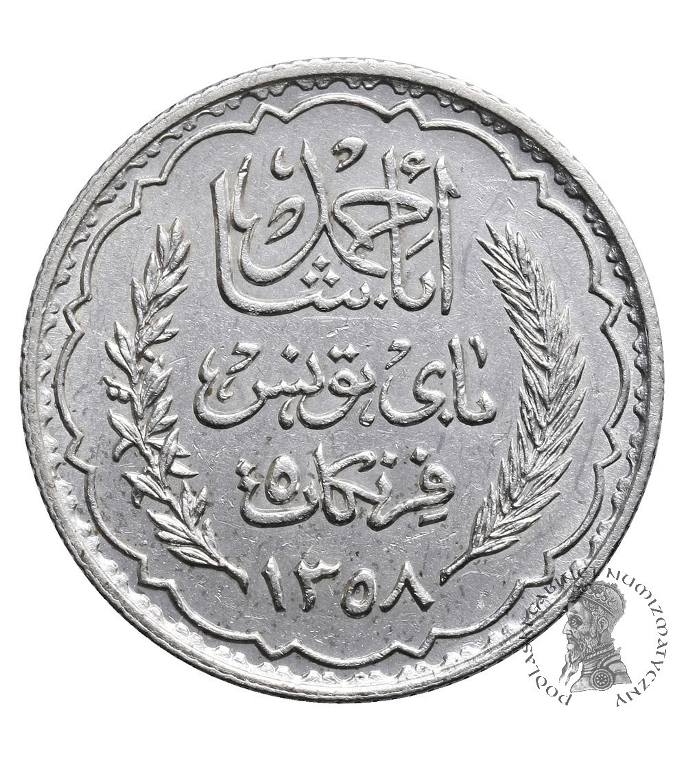 Tunezja, 5 Franków AH 1358 / 1939 AD, francuski protektorat (Ahmad Pasha Bey)