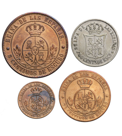 Hiszpania, Izabella II 1833-1868. Zestaw 1, 2-1/2, 5 Centimos 1868 OM, 40 Centimos 1866 - 4 szt.