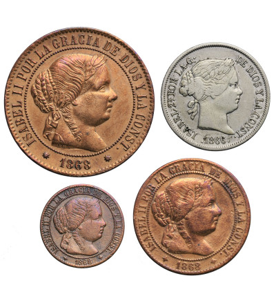 Spein 1, 2-1/2, 5 Centimos 1868 OM, 40 Centimos 1866, Isabell II 1833-1868