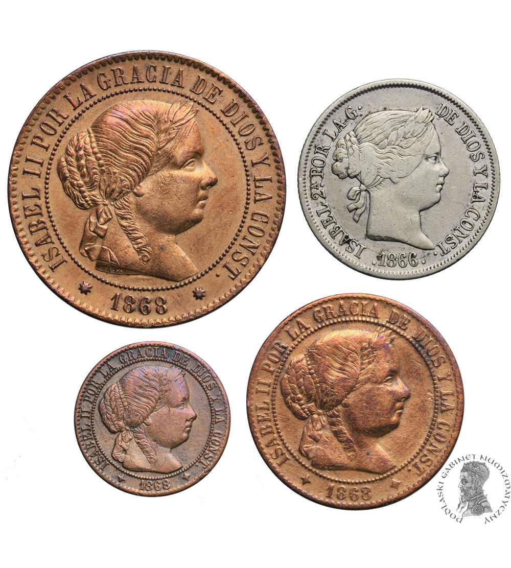 Spain, Isabell II 1833-1868. Set 1, 2-1/2, 5 Centimos 1868 OM, 40 Centimos 1866 - 4 pcs.