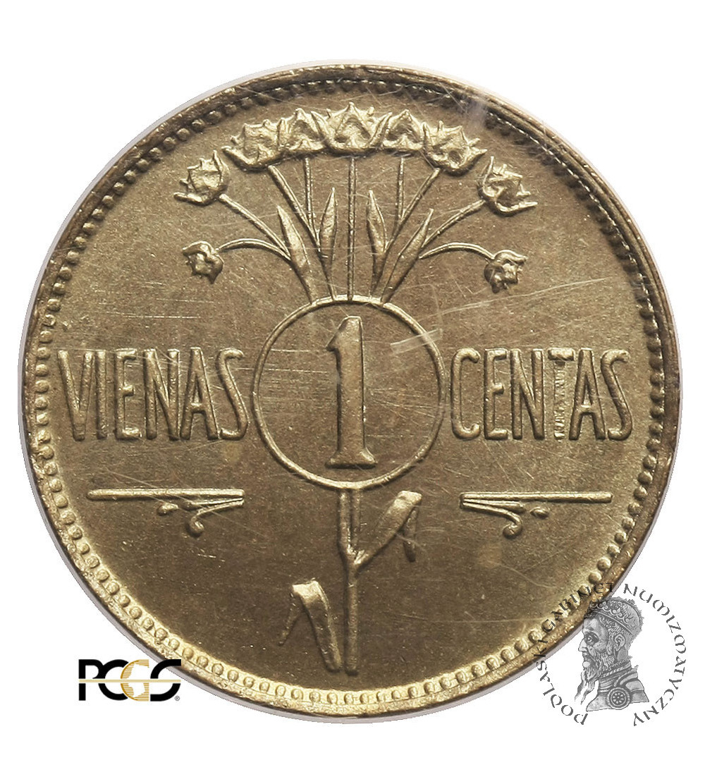Litwa, 1 Cent (Centas) 1925 - próba technologiczna rewersu, PCGS SP 66