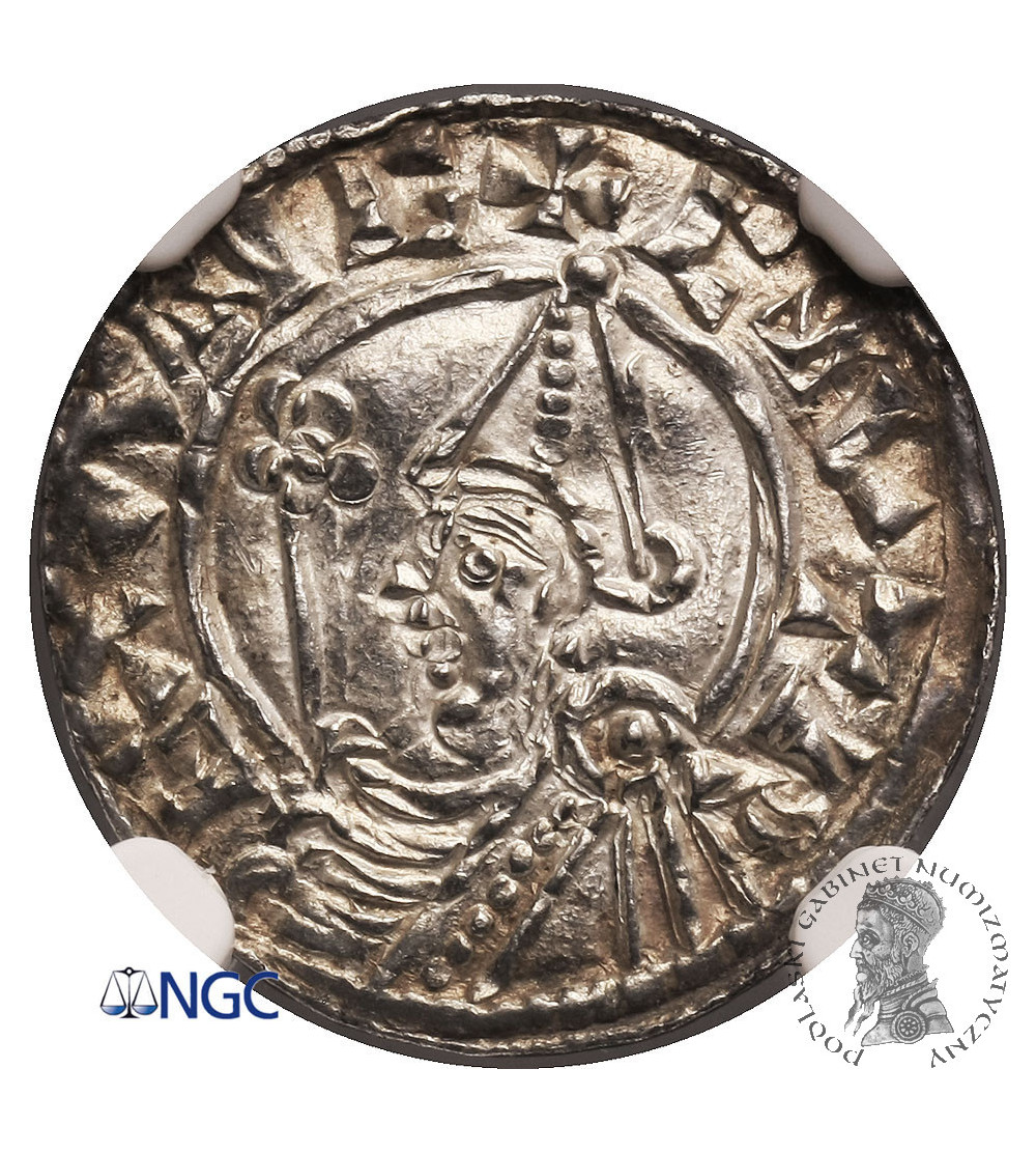 Anglia. Knut 1016-1035 AD. Denar (Penny), typu Pointed helmet, ok. 1024-1030, Exeter / Eadmaer - NGC MS 64