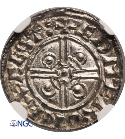 Anglia. Knut 1016-1035 AD. Denar (Penny), typu Pointed helmet, ok. 1024-1030, Exeter / Eadmaer - NGC MS 64
