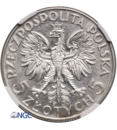 Polska, 5 złotych 1933, Warszawa, głowa kobiety - NGC AU 58