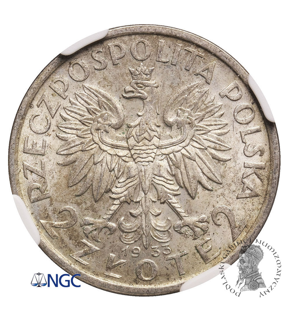 Polska, 2 złote 1933, Warszawa, głowa kobiety - NGC MS 64 (skrętka 17 stopni)