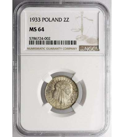 Poland, 2 Zlote 1933, Warsaw, woman's head - NGC MS 64