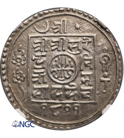 Nepal, 2 Mohar SE 1801 / 1879 AD, Surendra Vikrama 1847-1881 AD, NGC UNC - błąd menniczy - skrętka 40 stopni