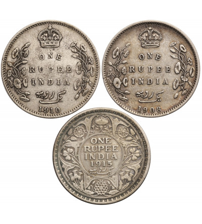 Indie Brytyjskie, Rupia 1908, 1910, 1915, Edward VII / Jerzy V - zestaw 3 sztuki