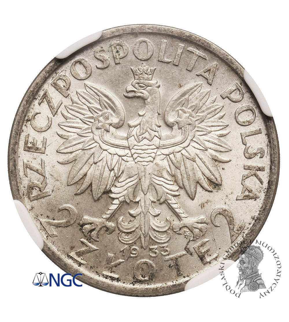 Poland, 2 Zlote 1933, Warsaw, woman's head - NGC MS 64 (mint error - rotated 20 degrees)