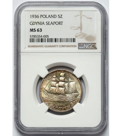 Polska, 5 złotych 1936, żaglowiec - NGC MS 63
