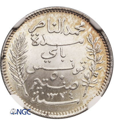 Tunezja, 50 Centimes AH 1334 / 1915 AD, francuski protektorat - NGC MS 67 Top!!!