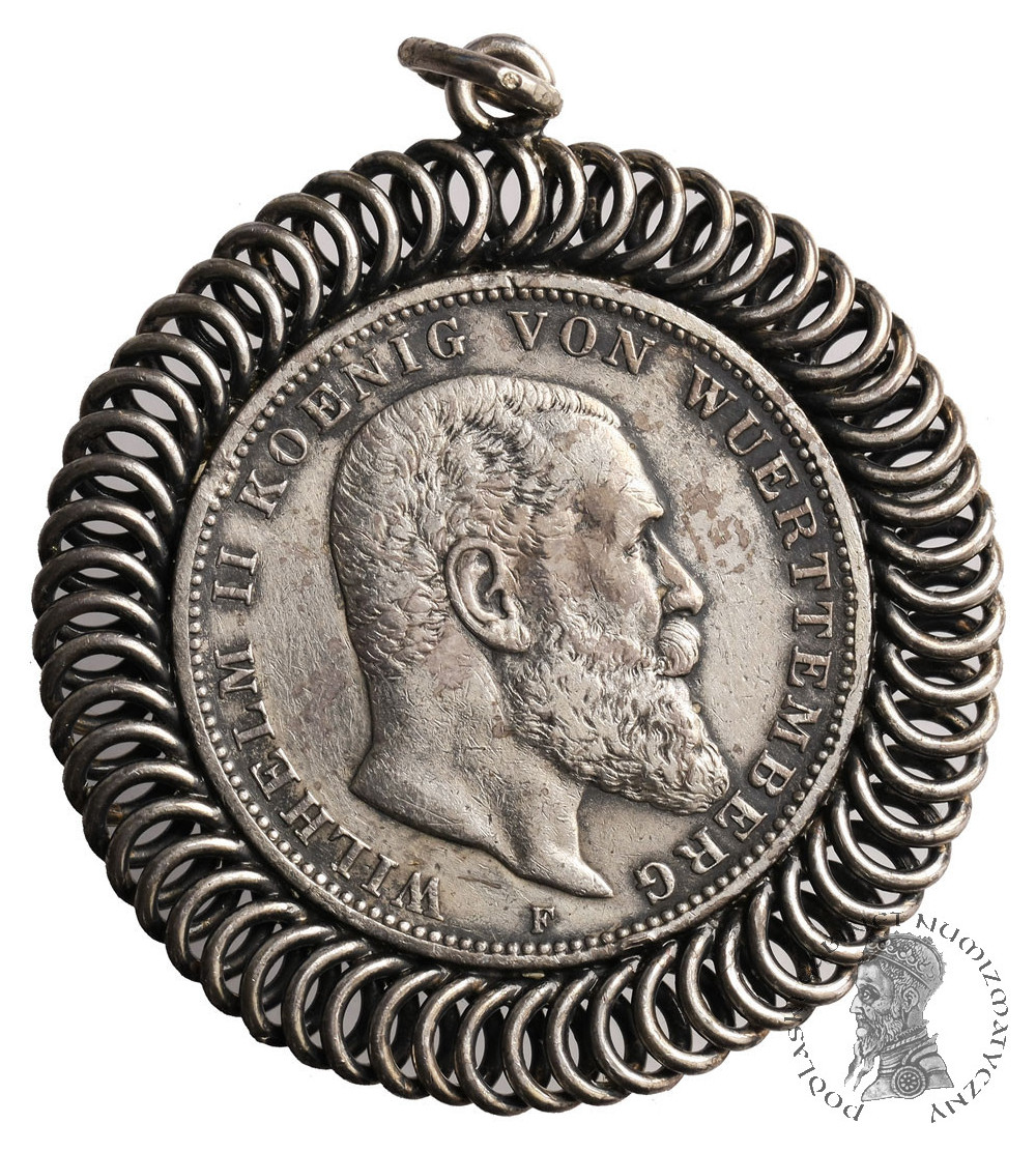 Biżuteria numizmatyczna, Niemcy. Srebrny wisior z monetą, 3 marki 1909 F, Wirtembergia - Wilhelm II