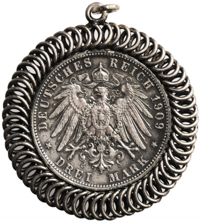 Numismatic Jewelery. Germany, Pendant with 3 Mark 1909 F, Württemberg - Wilhelm II