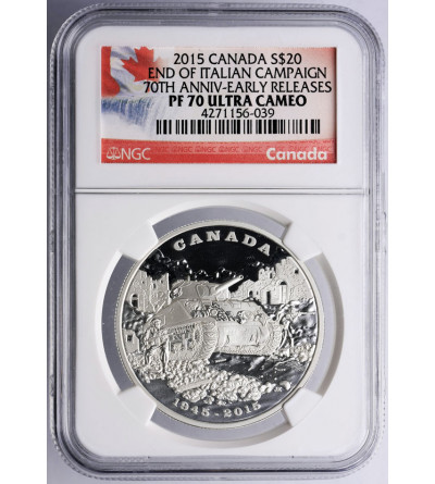 Kanada, 20 dolarów 2015, 70 rocznica zakończenia kampanii włoskiej (1 uncja .999 Ag) - NGC PF 70 Ultra Cameo