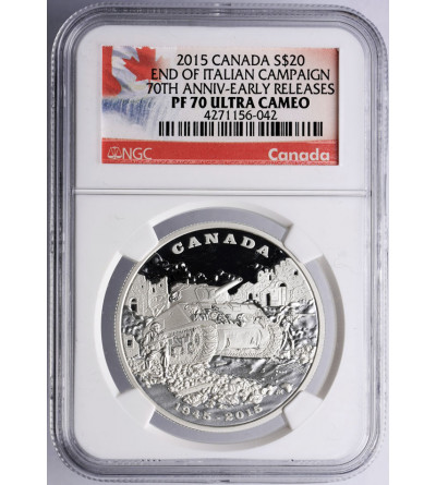 Kanada, 20 dolarów 2015, 70 rocznica zakończenia kampanii włoskiej (1 uncja .999 Ag) - NGC PF 70 Ultra Cameo