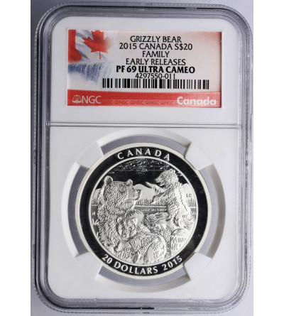Kanada, 20 dolarów 2015, Niedźwiedzie Grizzly - NGC PF 69 Ultra Cameo