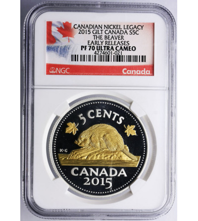 Kanada, 5 centów 2015, bóbr (platerowany złotem) - NGC PF 70 Ultra Cameo