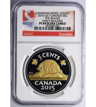 Kanada, 5 centów 2015, bóbr (platerowany złotem) - NGC PF 69 Ultra Cameo