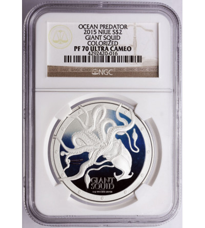 Niue, 2 Dollars 2015, Ocean Predators - Giant Squid (1 Ounce .999 Silver), NGC PF 70 Ultra Cameo