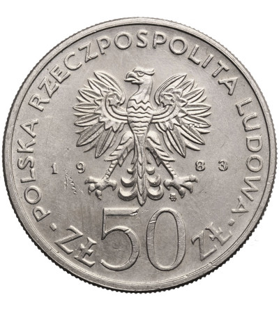 Polska, 50 złotych 1983, Ignacy Łukasiewicz, duża skrętka ~75 stopni (błąd menniczy)
