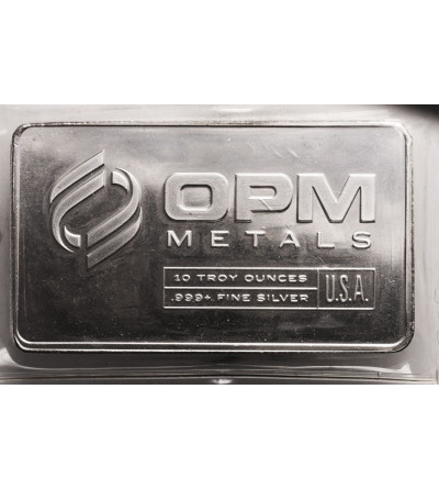 USA. Sztabka kolekcjonerska, 10 Oz (10 uncji) czystego srebra, Ag .999, OPM METALS