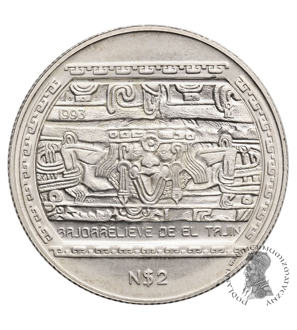 Mexico, 2 Nuevo Pesos 1993 Mo, Bajo relievo de el Tajin - 1/2 Oz Ag .999