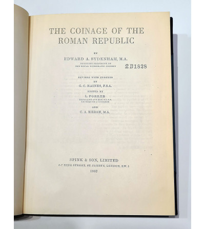 Edward A. Sydenham, The Coinage of the Roman Republic - Part I & II. Edycja Spink 1952, 373 strony, twarda oprawa