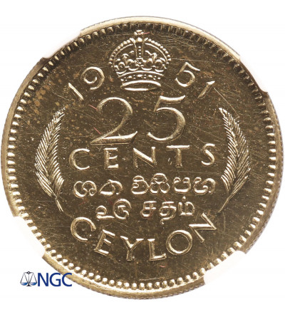 Cejlon (Sri Lanka). 25 Centów 1951, Jerzy VI (Proof Restrike) - NGC PF 62