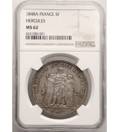 Francja, Druga Republika 1848-1851. 5 franków 1848 A, Paryż, Herkules - NGC MS 62