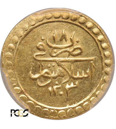 Turcja (Imperium Osmańskie). Selim III AH 1203-1222 / 1789-1807 AD. AV Findik (Altin) AH 1203 rok 18 / 1806 AD - PCGS MS 62