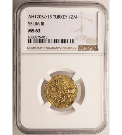 Turkey (Ottoman Empire). Selim III AH 1203-1222 / 1789-1807 AD. AV Zeri Mahbub, AH 1203 year 13 (1800/1801 AD) NGC MS 62