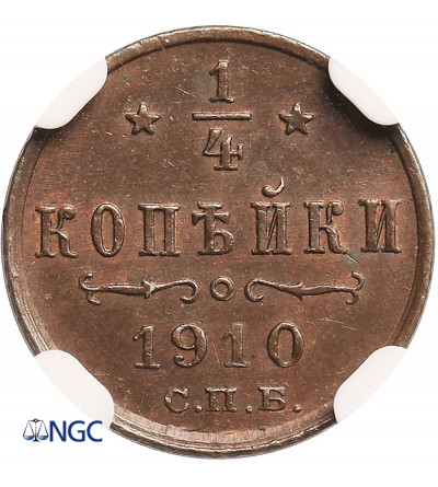 Rosja, Mikołaj II 1894-1917. 1/4 kopiejki 1910 СПБ, St. Petersburg - NGC MS 64 BN