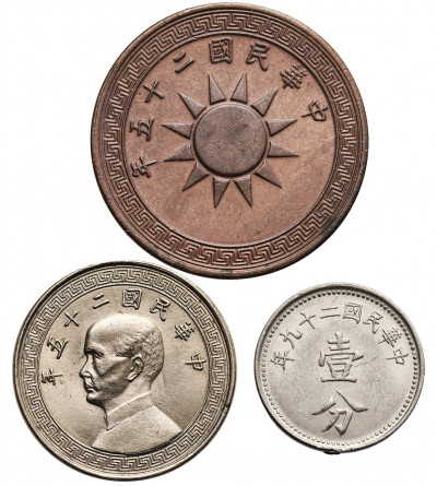 Chiny, Republika. Zestaw, 1 cent rok 25 (1936), 1 cent rok 29 (1940), 10 centów rok 25 (1936)