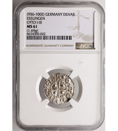 Germany, Swabia (Schwaben) Esslingen. Otto I - Otto III, 936-1002 AD. Denar no date, Esslingen mint - NGC MS 61