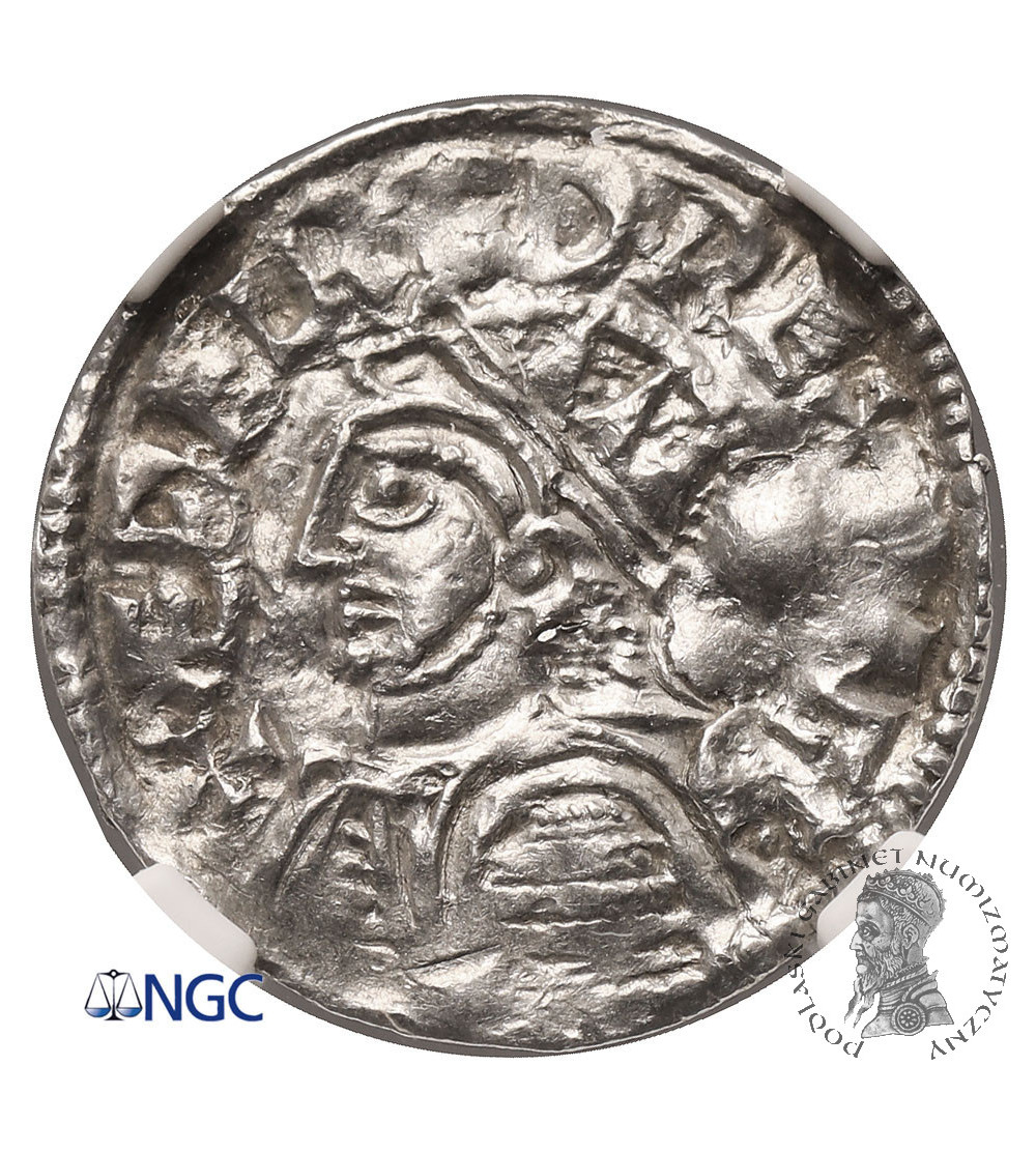 Anglia, Aethelred II 978-1016. Denar typ Helmet, ok. 1003-1009 AD, Winchester / Wulfnoth - NGC UNC Details