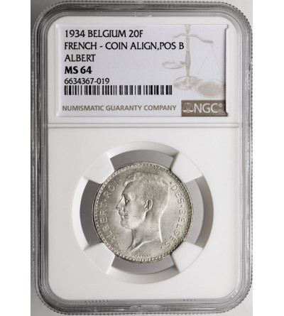 Belgium, Albert I, 20 Francs 1934, BELGES - position B, NGC MS 64