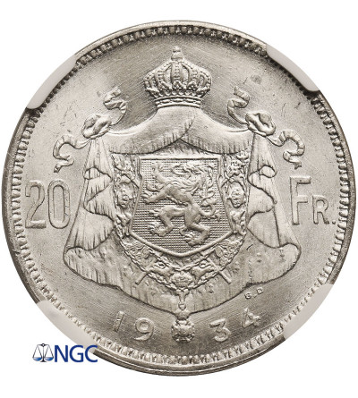 Belgium, Albert I.20 Francs 1934, BELGEN - position A, NGC MS 64