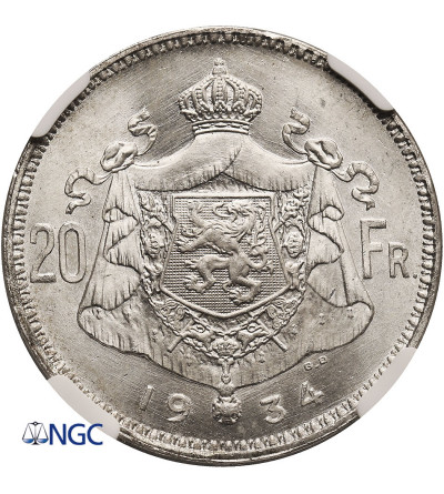 Belgium, Albert I.20 Francs 1934, BELGEN - position B, NGC MS 65
