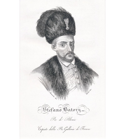 Stefan Batory, King of Poland, portrait, steel engraving 19th century, Storia della Polonia, Bernard Zaydler