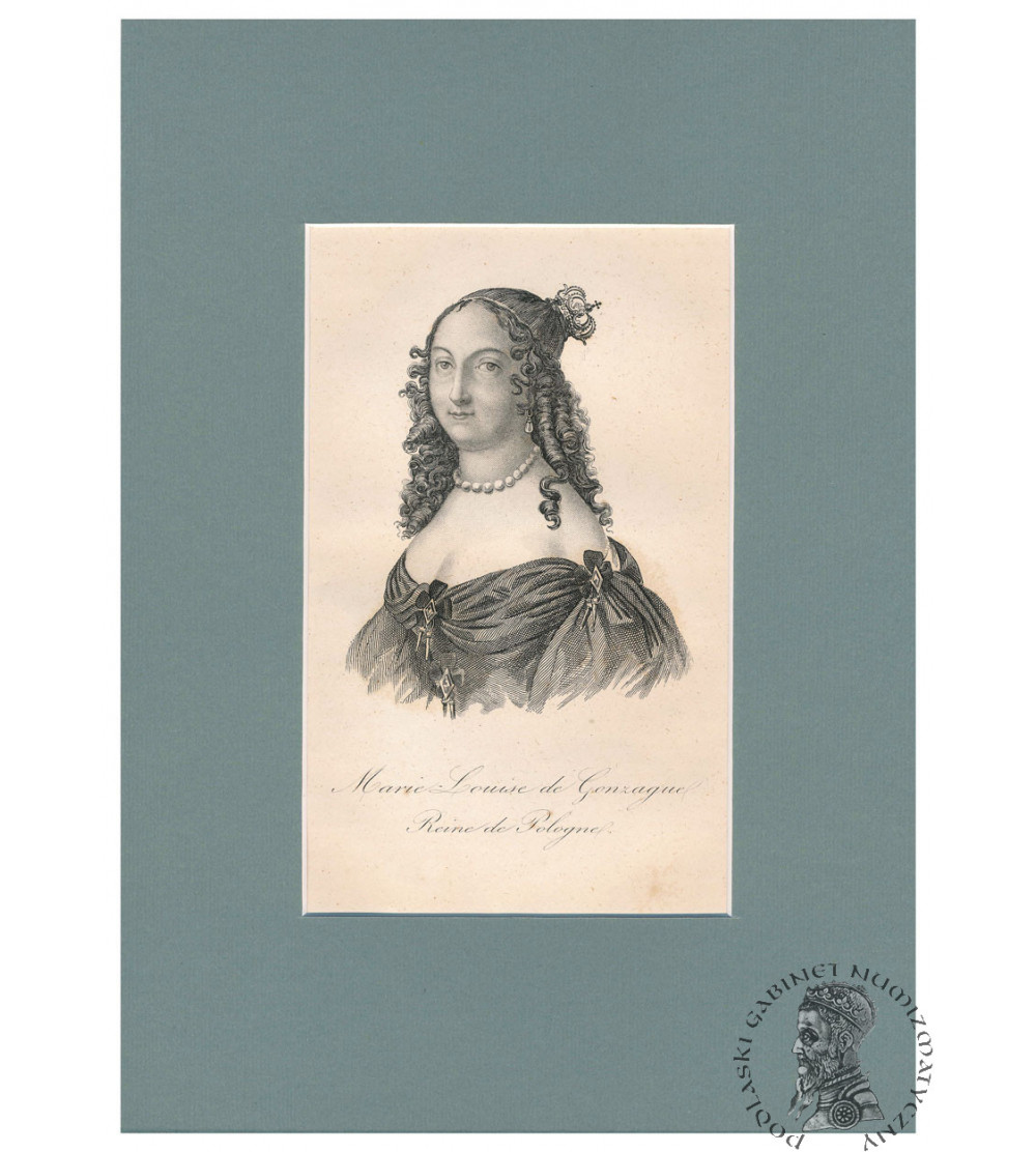 Ludwika Maria Gonzaga, Queen of Poland, portrait, steel engraving 19th century, Leonard Chodźko