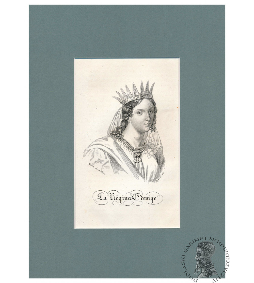 St. Hedwig of Anjou, Queen of Poland, portrait, steel engraving 19th century, Storia della Polonia, Bernard Zaydler